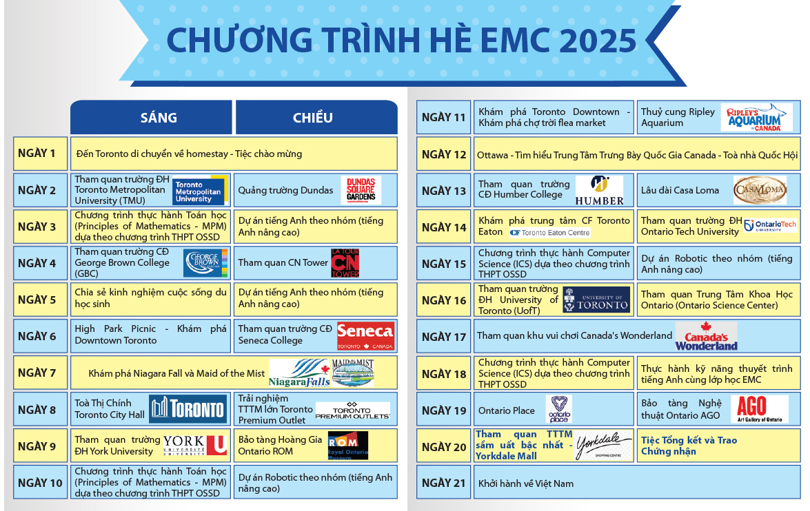 Lịch trình trại hè EMC Canada 2025